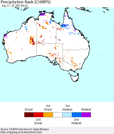 Australia Precipitation Rank since 1981 (CHIRPS) Thematic Map For 8/11/2021 - 8/20/2021