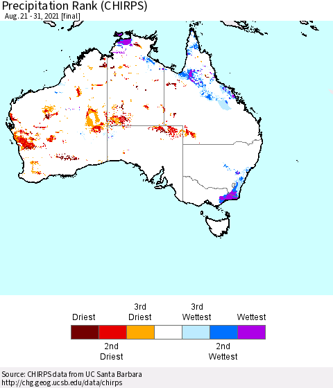 Australia Precipitation Rank since 1981 (CHIRPS) Thematic Map For 8/21/2021 - 8/31/2021