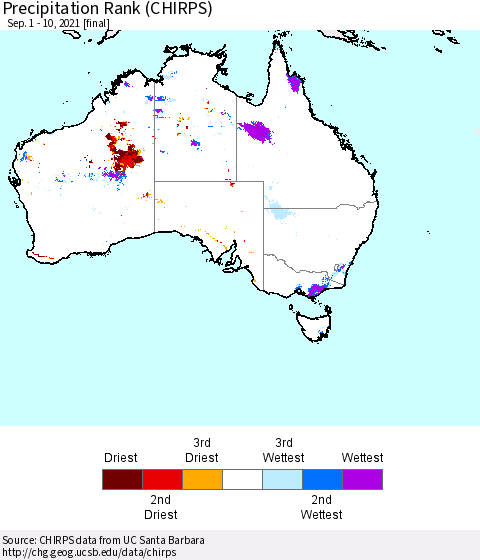 Australia Precipitation Rank since 1981 (CHIRPS) Thematic Map For 9/1/2021 - 9/10/2021