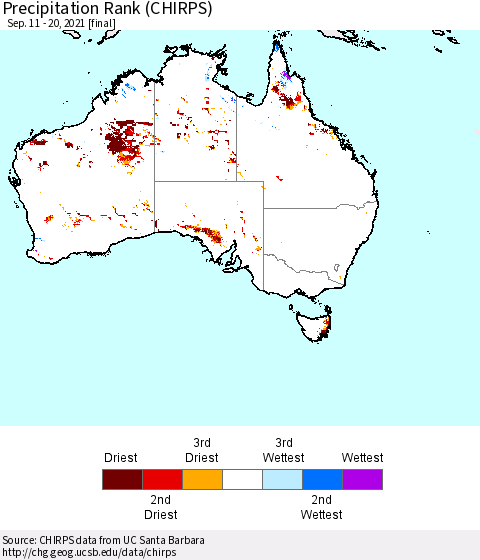 Australia Precipitation Rank since 1981 (CHIRPS) Thematic Map For 9/11/2021 - 9/20/2021