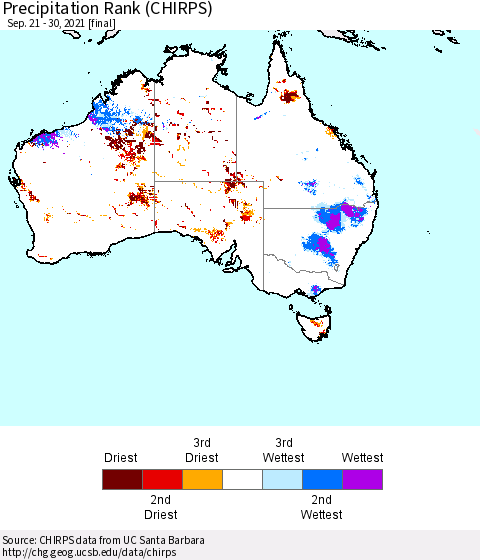 Australia Precipitation Rank since 1981 (CHIRPS) Thematic Map For 9/21/2021 - 9/30/2021