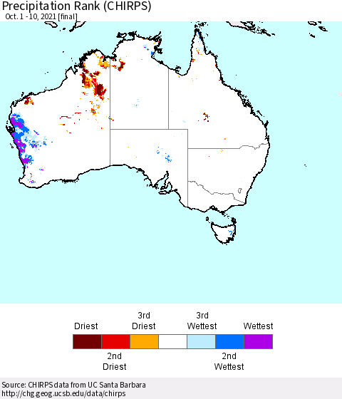 Australia Precipitation Rank since 1981 (CHIRPS) Thematic Map For 10/1/2021 - 10/10/2021
