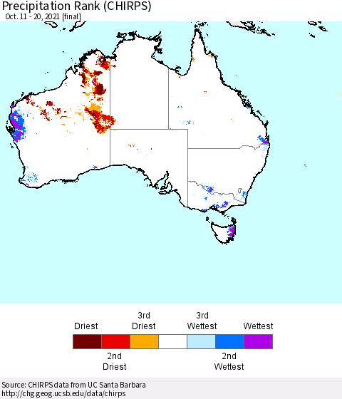 Australia Precipitation Rank since 1981 (CHIRPS) Thematic Map For 10/11/2021 - 10/20/2021