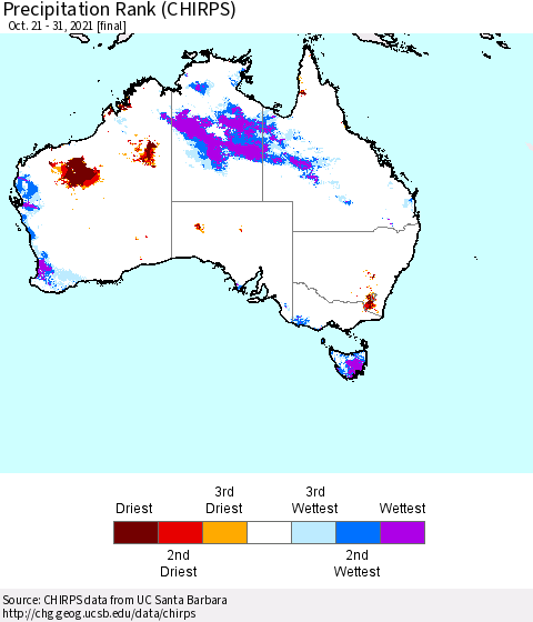 Australia Precipitation Rank since 1981 (CHIRPS) Thematic Map For 10/21/2021 - 10/31/2021