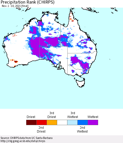 Australia Precipitation Rank since 1981 (CHIRPS) Thematic Map For 11/1/2021 - 11/10/2021
