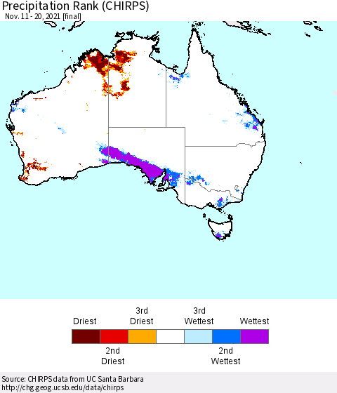 Australia Precipitation Rank since 1981 (CHIRPS) Thematic Map For 11/11/2021 - 11/20/2021