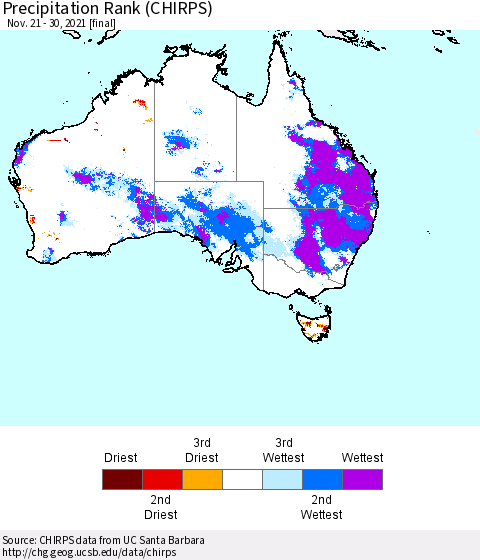 Australia Precipitation Rank since 1981 (CHIRPS) Thematic Map For 11/21/2021 - 11/30/2021