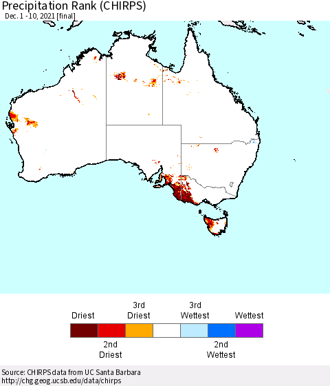 Australia Precipitation Rank since 1981 (CHIRPS) Thematic Map For 12/1/2021 - 12/10/2021