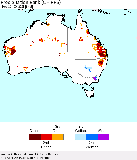 Australia Precipitation Rank since 1981 (CHIRPS) Thematic Map For 12/11/2021 - 12/20/2021