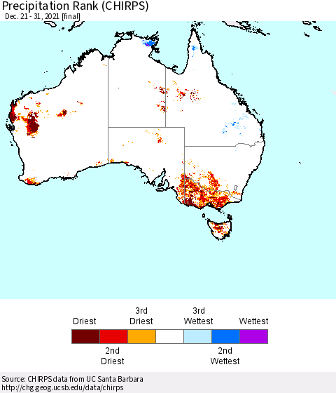 Australia Precipitation Rank since 1981 (CHIRPS) Thematic Map For 12/21/2021 - 12/31/2021