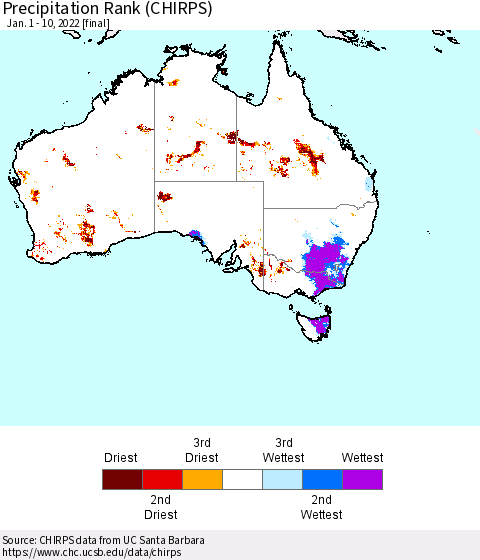 Australia Precipitation Rank since 1981 (CHIRPS) Thematic Map For 1/1/2022 - 1/10/2022