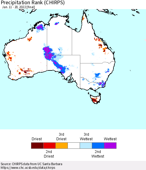 Australia Precipitation Rank since 1981 (CHIRPS) Thematic Map For 1/11/2022 - 1/20/2022