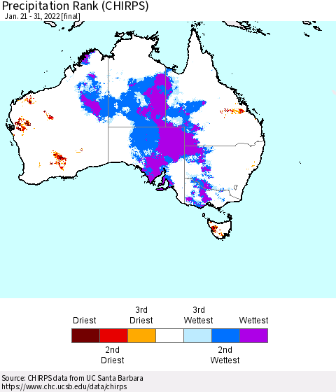 Australia Precipitation Rank since 1981 (CHIRPS) Thematic Map For 1/21/2022 - 1/31/2022