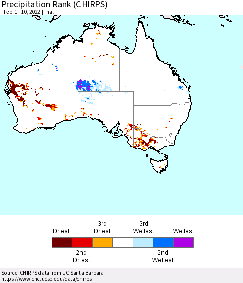 Australia Precipitation Rank since 1981 (CHIRPS) Thematic Map For 2/1/2022 - 2/10/2022