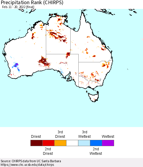 Australia Precipitation Rank since 1981 (CHIRPS) Thematic Map For 2/11/2022 - 2/20/2022
