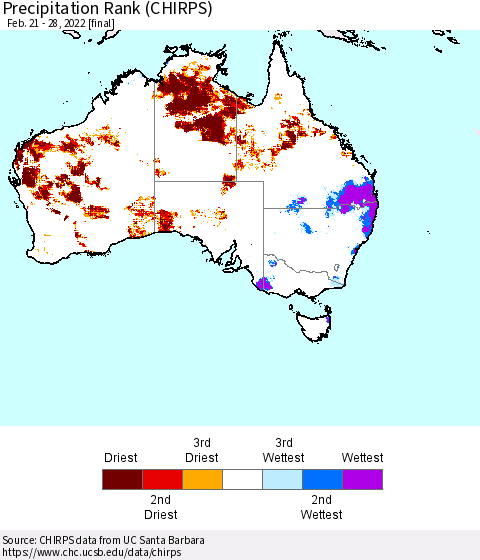 Australia Precipitation Rank since 1981 (CHIRPS) Thematic Map For 2/21/2022 - 2/28/2022