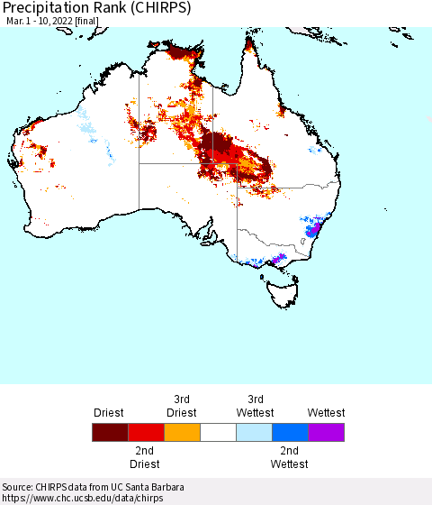 Australia Precipitation Rank since 1981 (CHIRPS) Thematic Map For 3/1/2022 - 3/10/2022