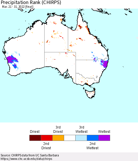 Australia Precipitation Rank since 1981 (CHIRPS) Thematic Map For 3/21/2022 - 3/31/2022