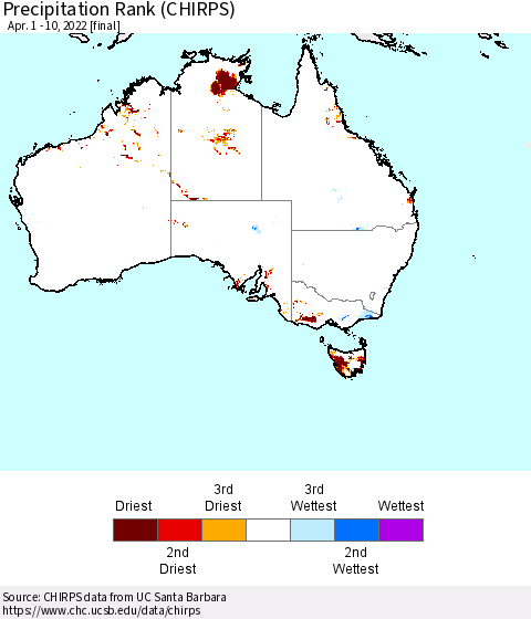 Australia Precipitation Rank since 1981 (CHIRPS) Thematic Map For 4/1/2022 - 4/10/2022