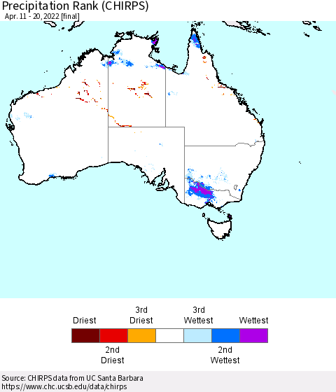 Australia Precipitation Rank since 1981 (CHIRPS) Thematic Map For 4/11/2022 - 4/20/2022
