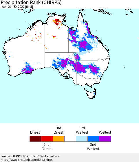Australia Precipitation Rank since 1981 (CHIRPS) Thematic Map For 4/21/2022 - 4/30/2022
