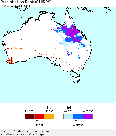 Australia Precipitation Rank since 1981 (CHIRPS) Thematic Map For 5/1/2022 - 5/10/2022