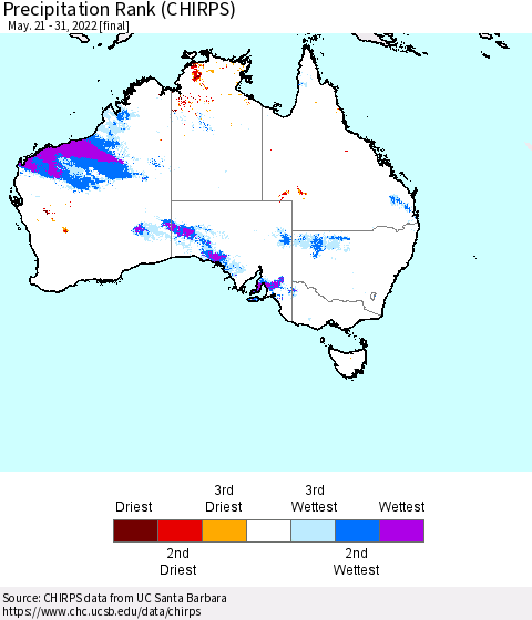 Australia Precipitation Rank since 1981 (CHIRPS) Thematic Map For 5/21/2022 - 5/31/2022