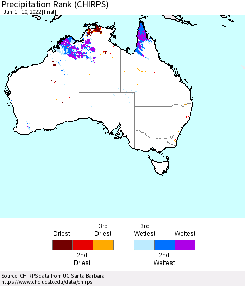 Australia Precipitation Rank since 1981 (CHIRPS) Thematic Map For 6/1/2022 - 6/10/2022