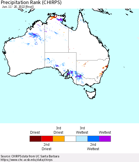 Australia Precipitation Rank since 1981 (CHIRPS) Thematic Map For 6/11/2022 - 6/20/2022