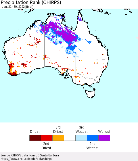 Australia Precipitation Rank since 1981 (CHIRPS) Thematic Map For 6/21/2022 - 6/30/2022