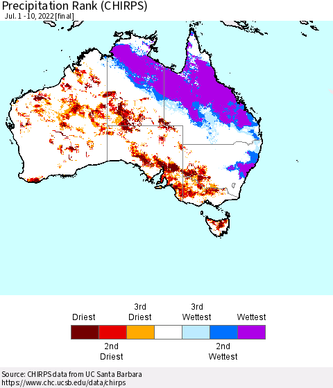 Australia Precipitation Rank since 1981 (CHIRPS) Thematic Map For 7/1/2022 - 7/10/2022