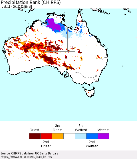Australia Precipitation Rank since 1981 (CHIRPS) Thematic Map For 7/11/2022 - 7/20/2022
