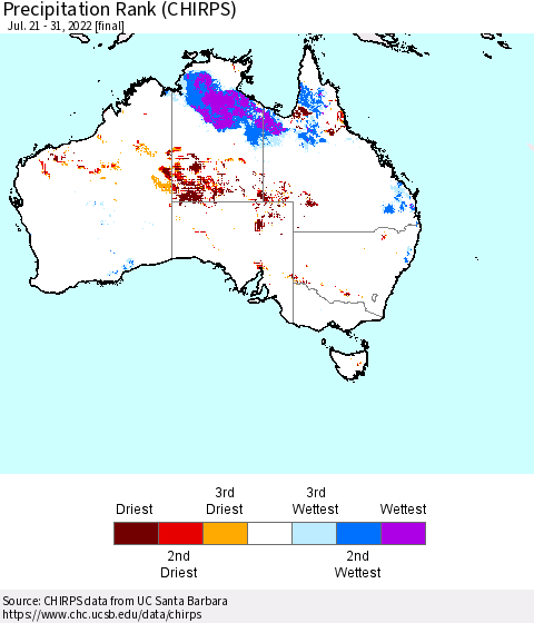 Australia Precipitation Rank since 1981 (CHIRPS) Thematic Map For 7/21/2022 - 7/31/2022