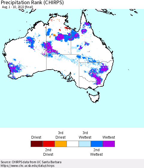 Australia Precipitation Rank since 1981 (CHIRPS) Thematic Map For 8/1/2022 - 8/10/2022