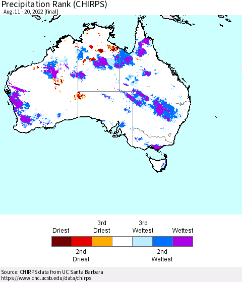 Australia Precipitation Rank since 1981 (CHIRPS) Thematic Map For 8/11/2022 - 8/20/2022