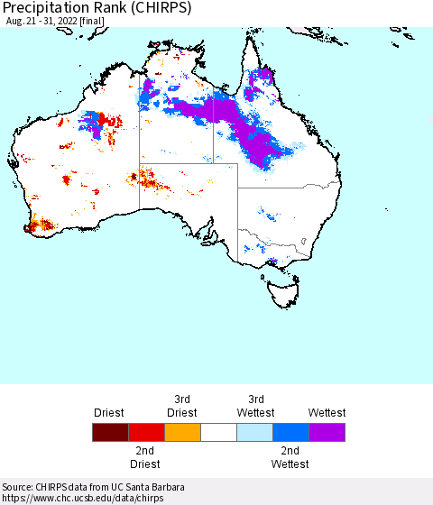 Australia Precipitation Rank since 1981 (CHIRPS) Thematic Map For 8/21/2022 - 8/31/2022