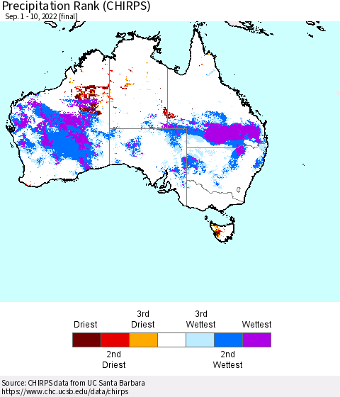 Australia Precipitation Rank since 1981 (CHIRPS) Thematic Map For 9/1/2022 - 9/10/2022