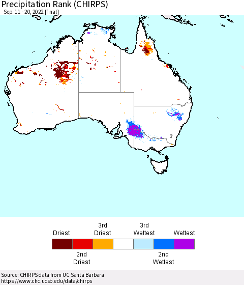 Australia Precipitation Rank since 1981 (CHIRPS) Thematic Map For 9/11/2022 - 9/20/2022