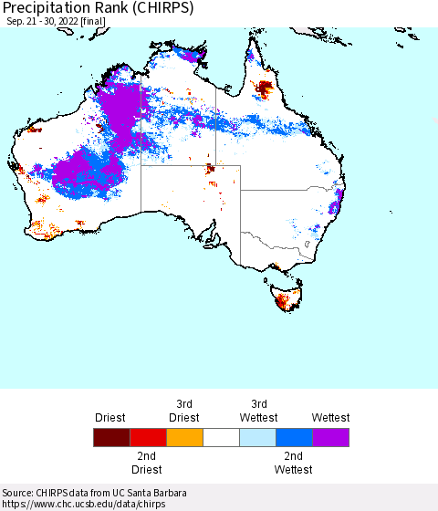Australia Precipitation Rank since 1981 (CHIRPS) Thematic Map For 9/21/2022 - 9/30/2022