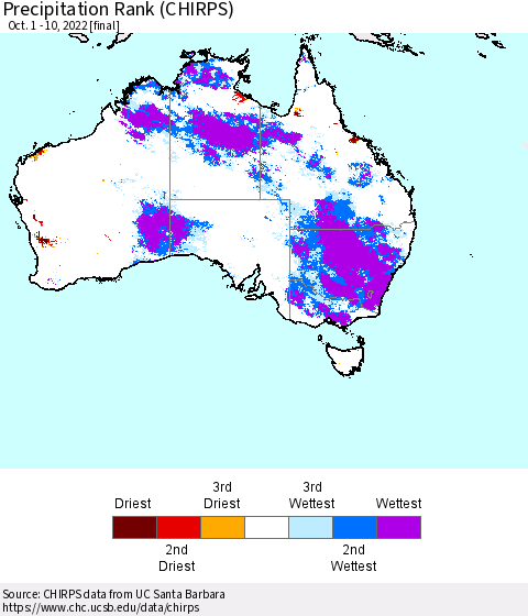 Australia Precipitation Rank since 1981 (CHIRPS) Thematic Map For 10/1/2022 - 10/10/2022