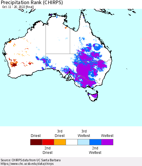 Australia Precipitation Rank since 1981 (CHIRPS) Thematic Map For 10/11/2022 - 10/20/2022