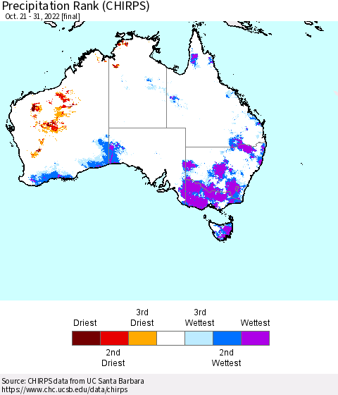 Australia Precipitation Rank since 1981 (CHIRPS) Thematic Map For 10/21/2022 - 10/31/2022