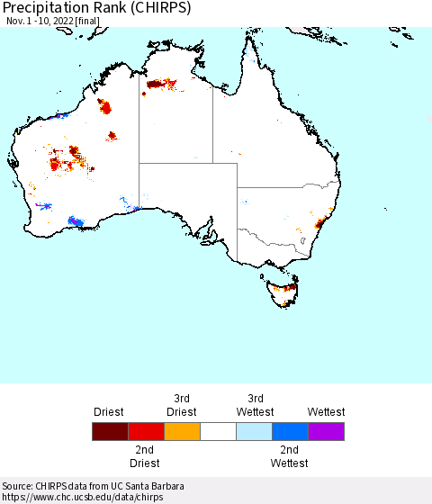 Australia Precipitation Rank since 1981 (CHIRPS) Thematic Map For 11/1/2022 - 11/10/2022