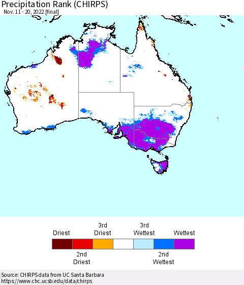 Australia Precipitation Rank since 1981 (CHIRPS) Thematic Map For 11/11/2022 - 11/20/2022