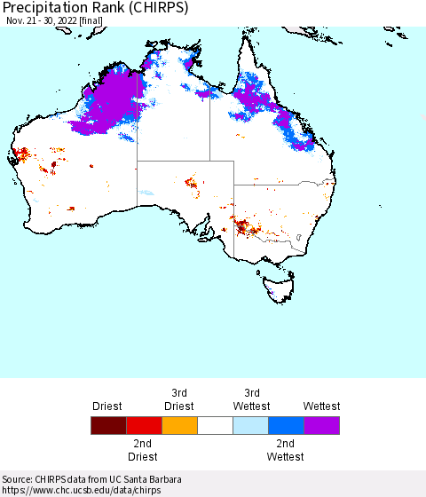 Australia Precipitation Rank since 1981 (CHIRPS) Thematic Map For 11/21/2022 - 11/30/2022