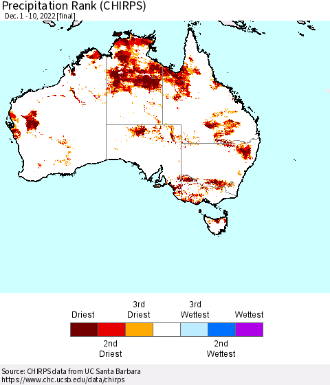 Australia Precipitation Rank since 1981 (CHIRPS) Thematic Map For 12/1/2022 - 12/10/2022