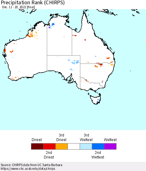 Australia Precipitation Rank since 1981 (CHIRPS) Thematic Map For 12/11/2022 - 12/20/2022