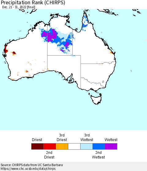 Australia Precipitation Rank since 1981 (CHIRPS) Thematic Map For 12/21/2022 - 12/31/2022