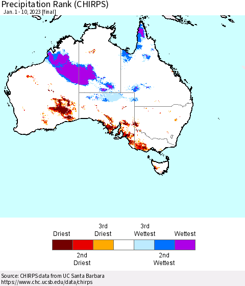 Australia Precipitation Rank since 1981 (CHIRPS) Thematic Map For 1/1/2023 - 1/10/2023