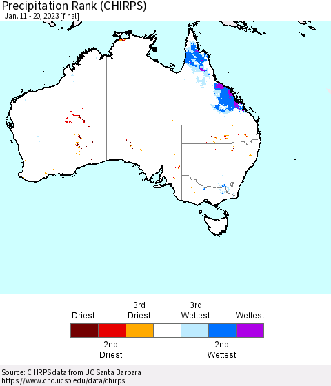 Australia Precipitation Rank since 1981 (CHIRPS) Thematic Map For 1/11/2023 - 1/20/2023